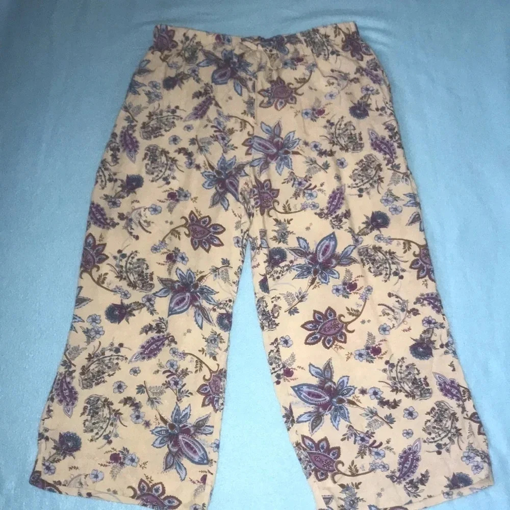 BOCABAY floral print crop pants elastic waistband drawstring 2 pockets size LP